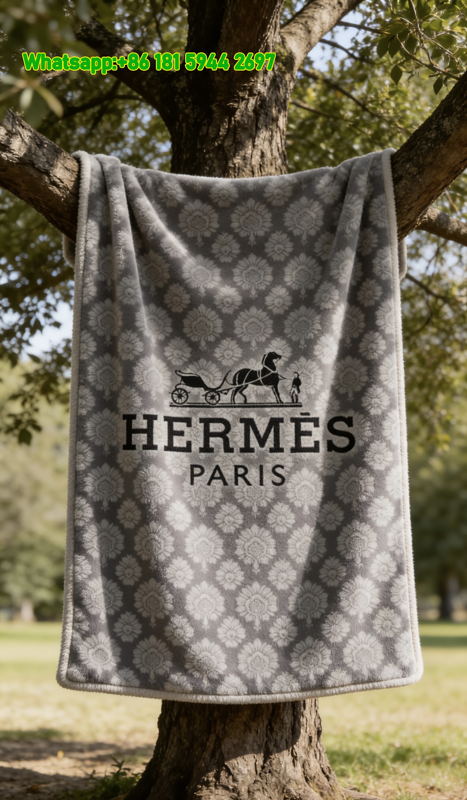 Hermès Grey Damask Pattern Flannel Fleece Throw Blanket IMG_4980